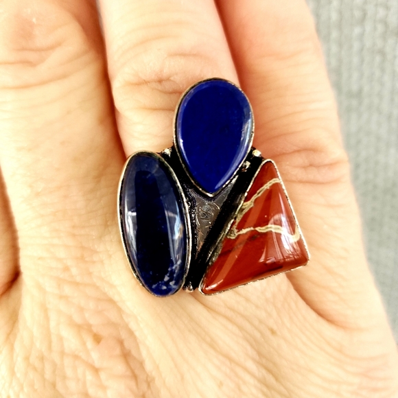 New Navy Sodalite, Lapis Lazuli and Red Jasper 925 Silver Ring. - Picture 5 of 7